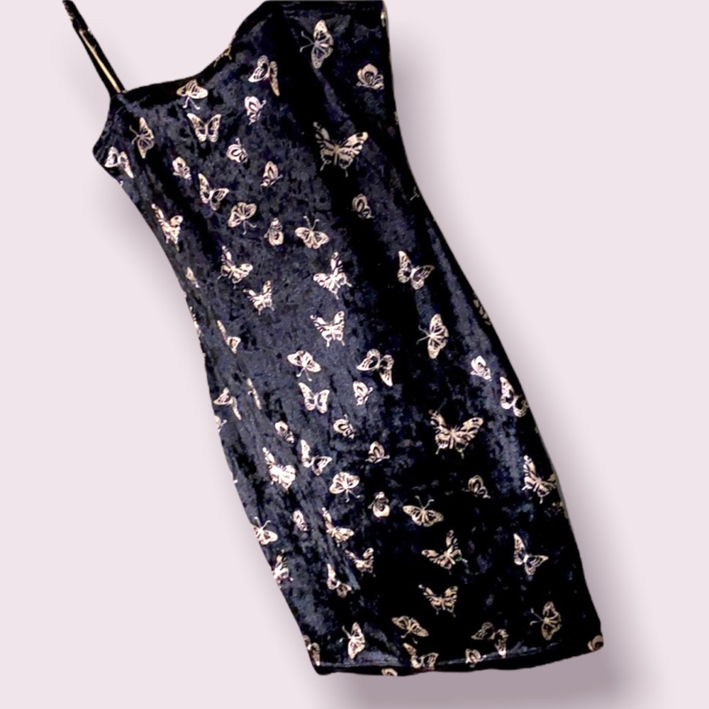 Vintage Y2K Black Velvet Butterfly Bodycon Mini Dress - Size XS/0